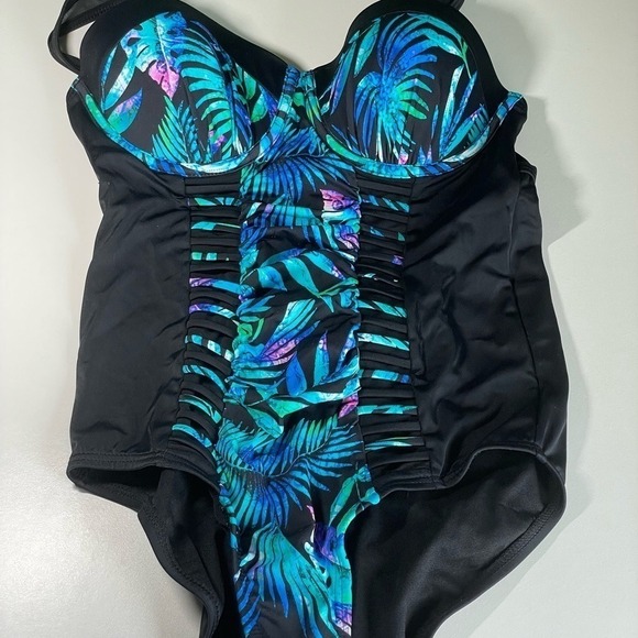 Black Tropical Leaf Print One Piece Swimsuit Tummy Control Lined sz 8 NWT - Picture 5 of 14